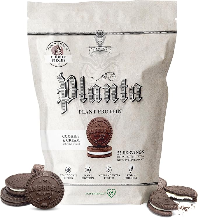 Ambrosia Planta - Premium Organic Plant-Based Protein | Vegan & Keto Friendly | Gourmet Flavors with No Bloating or Stomach Upset | Gluten & Soy Free | No Added Sugar | 25 Servings | Cookies Cream
