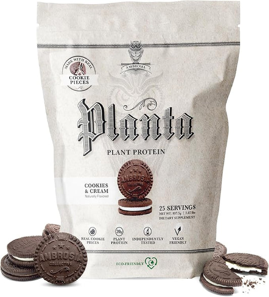 Ambrosia Planta - Premium Organic Plant-Based Protein | Vegan & Keto Friendly | Gourmet Flavors with No Bloating or Stomach Upset | Gluten & Soy Free | No Added Sugar | 25 Servings | Cookies Cream