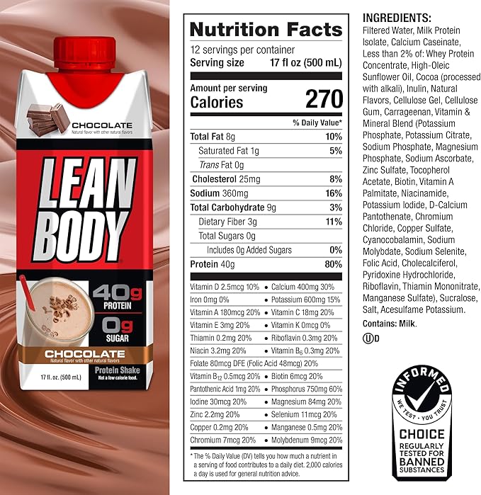 Lean Body Ready-to-Drink Chocolate Protein Shake, 40g Protein, Whey Blend, 0 Sugar, Gluten Free, 22 Vitamins & Minerals, LABRADA, 17 Fl Oz (Pack of 12)