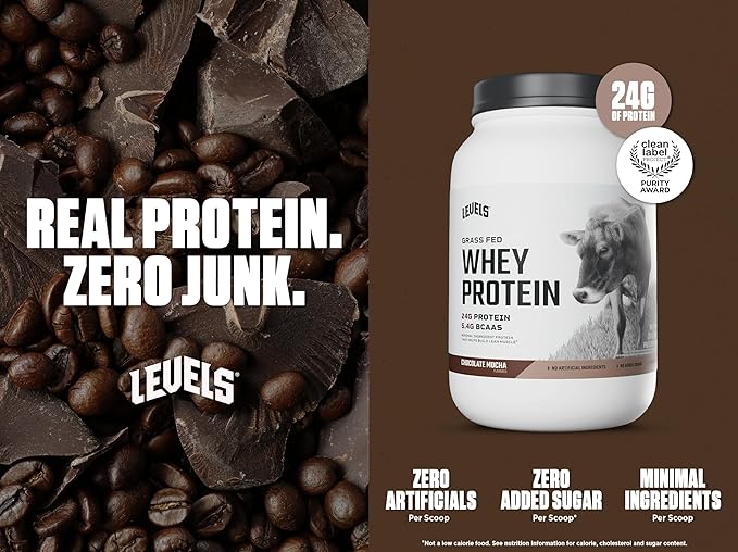 Levels Grass Fed Whey Protein Powder, No Artificials, 24G of Protein, Chocolate Mocha, 2LB