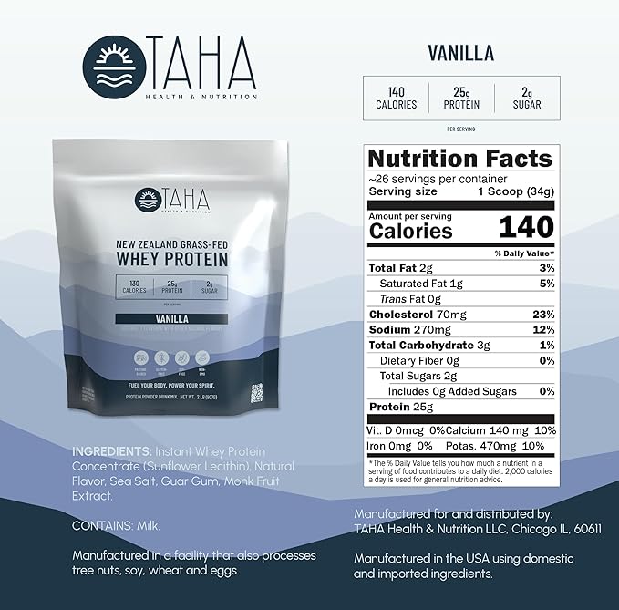 Taha Health & Nutrition Vanilla Flavored Whey Protein Concentrate Powder, 25g Protein, 140 Calories, 2g Sugar | New Zealand Grass-Fed, Free-Range Dairy | Gluten and Soy Free, Keto, Kosher | 2LB
