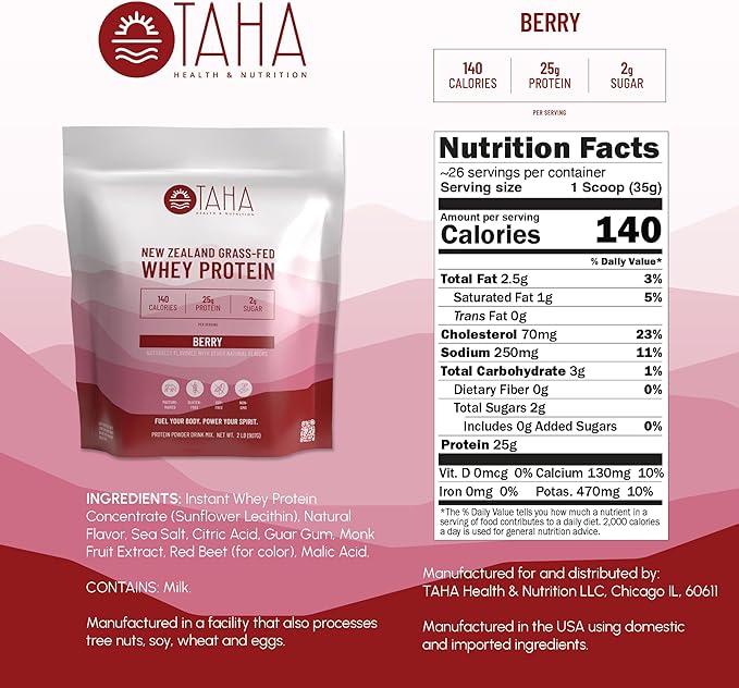 Taha Health & Nutrition Berry Flavored Whey Protein Concentrate Powder, 25g Protein, 140 Calories, 2g Sugar | New Zealand Grass-Fed, Free-Range Dairy | Gluten and Soy Free, Keto, Kosher | 2LB