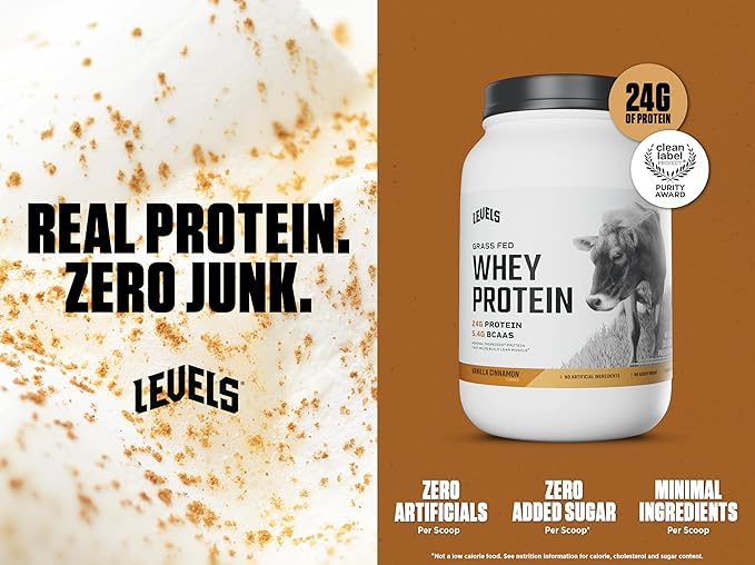 Levels Grass Fed Whey Protein Powder, No Artificials, 24G of Protein, Vanilla Cinnamon, 2LB