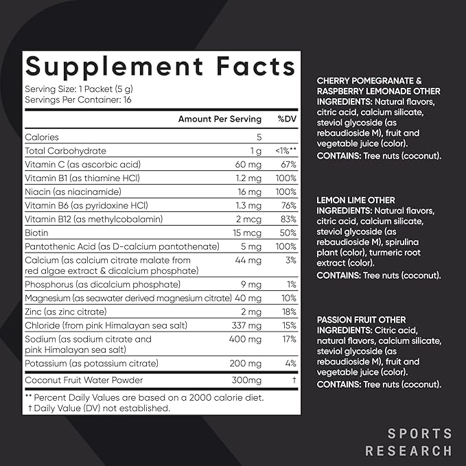Sports Research® Hydrate Electrolytes Powder Packets - Sugar-Free & Naturally Flavored with Vitamins, Minerals, and Coconut Water - Supports Hydration - 16 Packets - Variety Pack