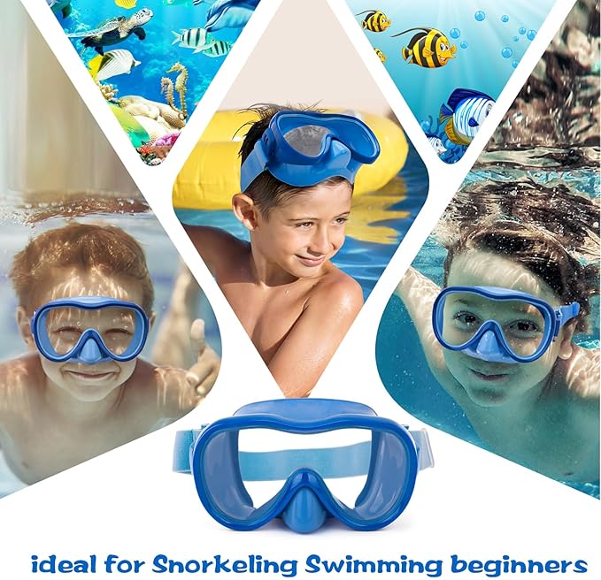 Kids Swim Goggles 180° Snorkel Diving Mask with Nose Cover, Anti-Fog Kids Swimming Goggles with Elastic Fabric Strap for Kids Boys Girls