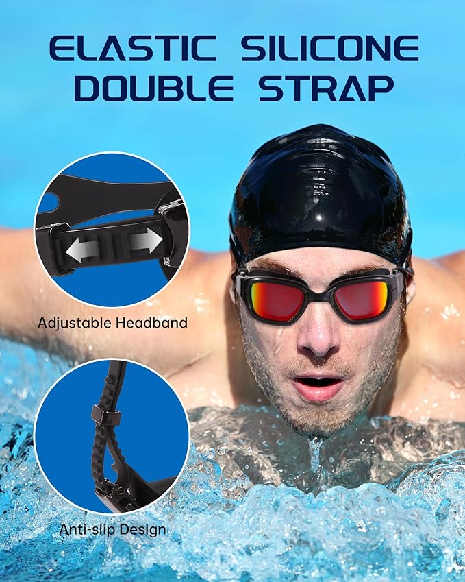 Swim Goggles, Goggles Adult with Swimming Cap, Nose Clip & Ear Plugs, UV Protection Anti-Fog Lens and Case for Adult