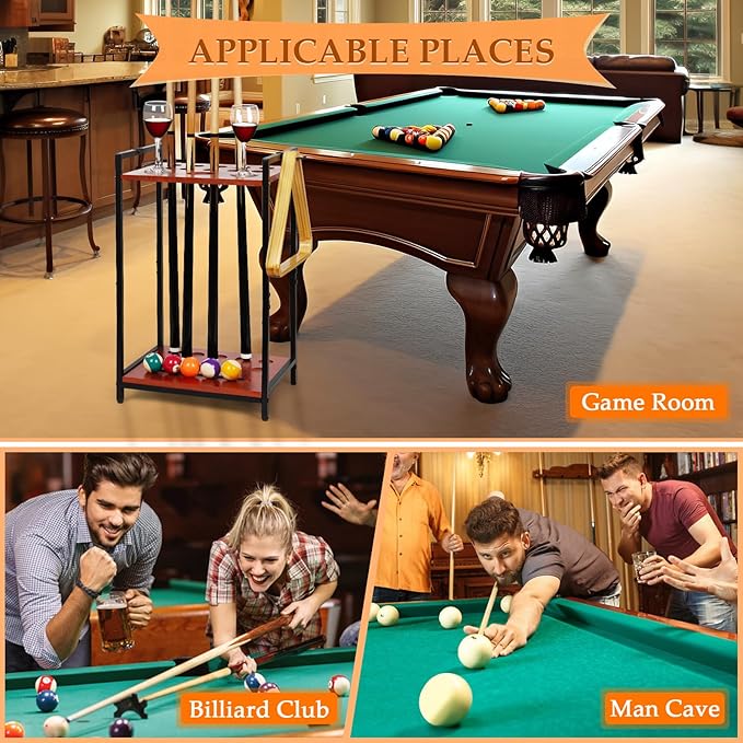 Pool Stick Holder Floor Stand - Multifunctional Billiard Cue Rack Hold 10 Pool Cue, Billiard Balls, Cup, Wood Cue Stick Holder Stand Pool Table Accessories for Game Room Billiard Room Decor Club (Red)