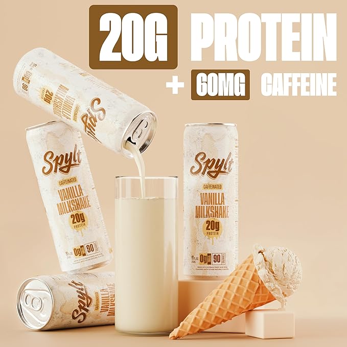 High Protein Vanilla Milkshake with 60mg Caffeine & 20g Protein - 90 Calories, Ready to Drink, Sugar Free, Lactose Free Milk, Perfect for Workout Recovery & Afternoon Pick Me Up - 12 Count