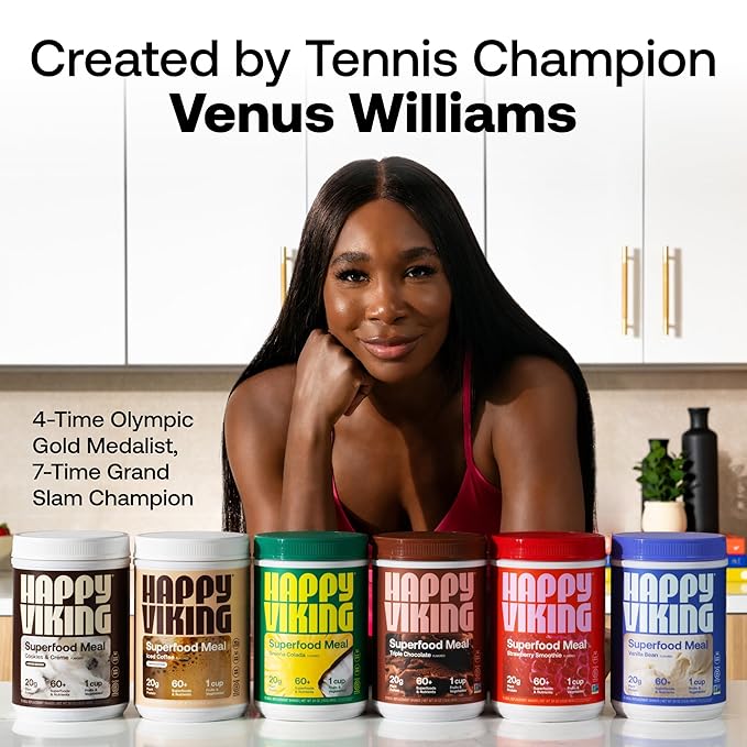 Happy Viking Vanilla Plant Protein Powder, Created by Venus Williams, 20G Protein, Low Carb, Keto, Vegan, Gluten-Free, Non-GMO, Superfoods, Complete Meal Replacement, 1 Canister (24 oz.)