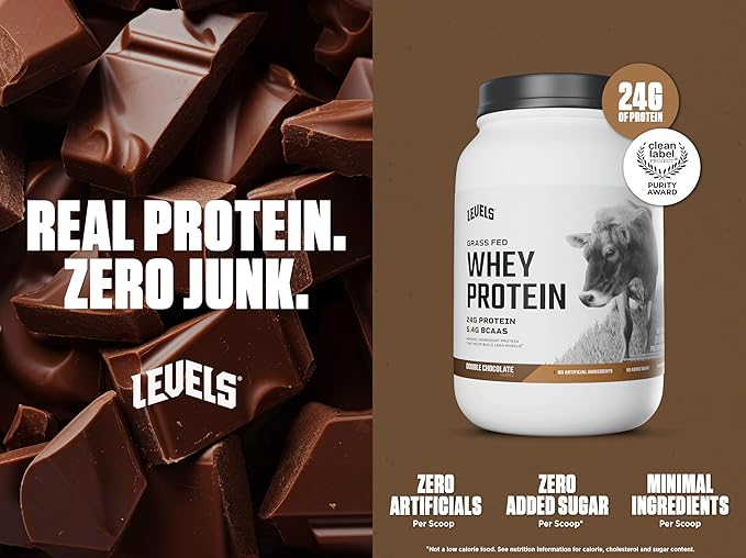 Levels Grass Fed Whey Protein Powder, No Artificials, 24G of Protein, Double Chocolate, 2LB