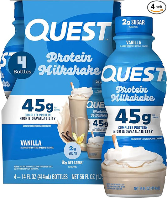 Quest Nutrition Vanilla Protein Shake, 45g Protein, 2g Sugar, 3g Net Carbs, Ready to Drink, Gluten Free, 4 Count