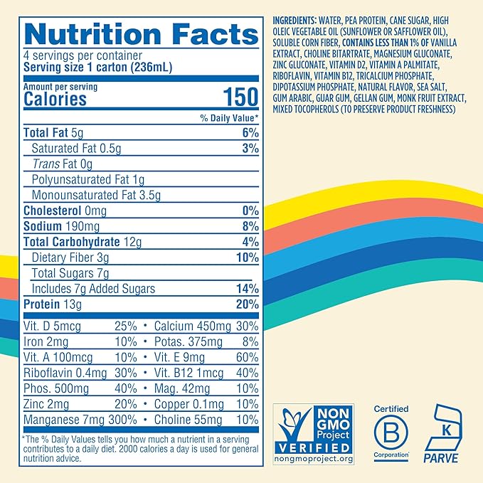 Ripple Kids Vanilla Plant Based Shake Ups | 13g of Quality Sourced Pea Protein, Calcium Rich | Shelf Stable | Vegan & Non GMO | Dairy, Soy, Nut, Gluten & Lactose Free | 8 Fl Oz Cartons (Pack of 12)