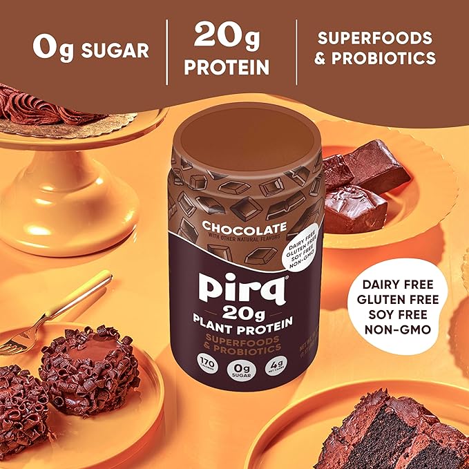 Pirq Dairy Free Protein Powder with 20g Protein, Plant Based, 2B CFU Probiotics, 25 Superfoods Greens and Fruits, Vegan, 0g Sugar (14 Servings) (Chocolate)