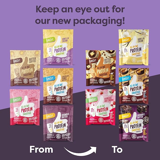 FlavCity Grass Fed Whey Protein Powder - Variety Pack - 25g Protein & 10g Collagen - 5 Single Serve Packets - Made with Organic Reishi & Cordyceps - Gluten Free & No Added Sugars