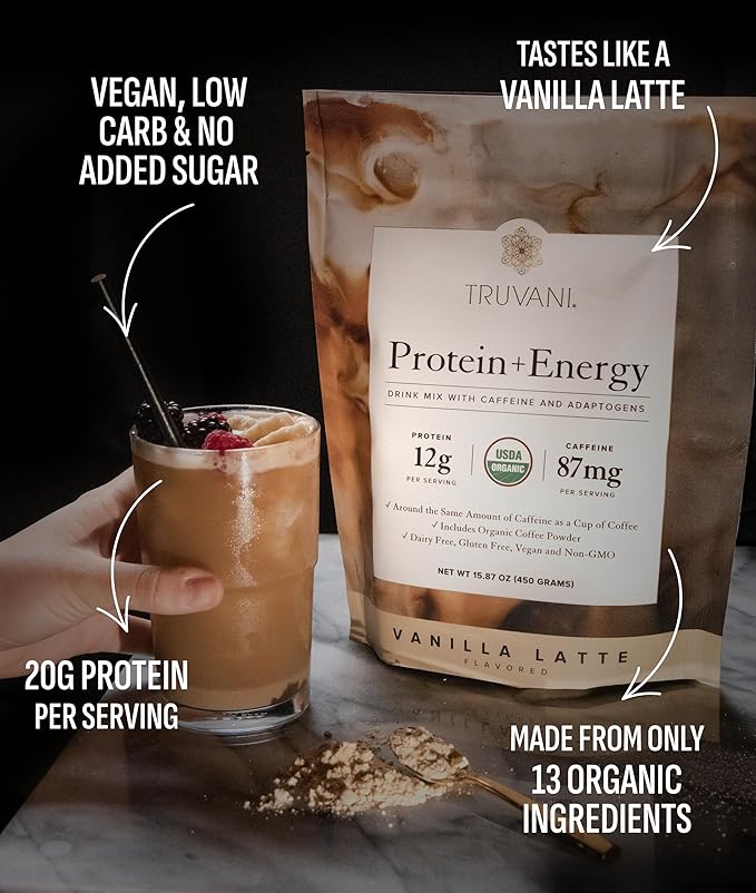 Truvani Protein + Energy Drink Mix with 87mg Caffeine | Vanilla Latte | 12g Organic Plant Based Protein | 20 Servings | USDA Organic Coffee Powder & Adaptogens | Gluten & Dairy Free | Vegan | Non-GMO