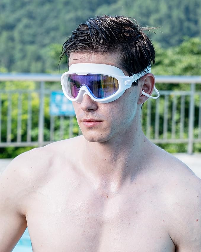 Adult Swimming Goggles,Leak-Proof,Anti-Fog Pool Glasses,Wide View Swim Goggles with Ear Plugs and Nose Clip