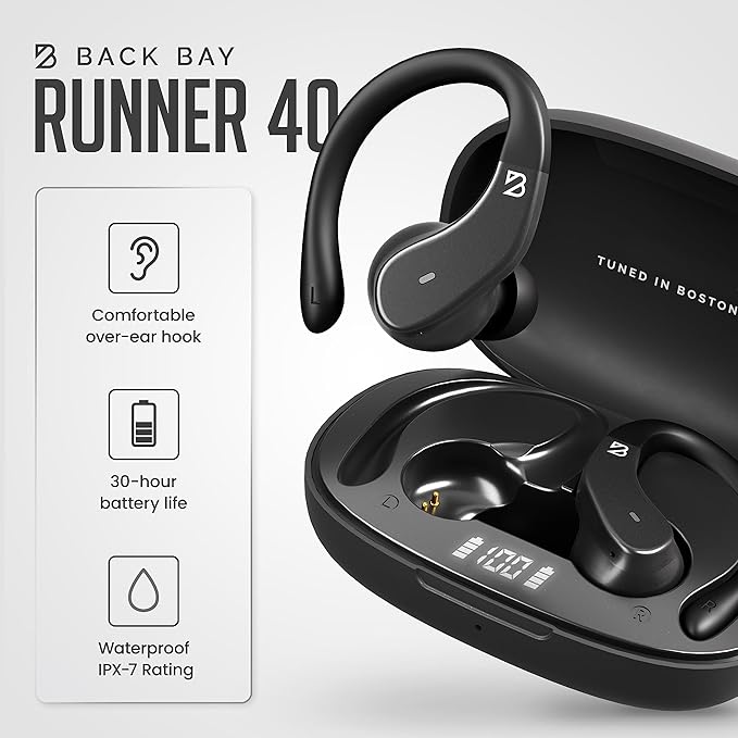Back Bay Audio - Runner's Wireless Earbuds Bluetooth Headphones for Sports, Hook Over The Ear Buds, Deep Bass, Wrap Around Earphones with Earhooks for Running, Workout Wireless Headphones for The Gym