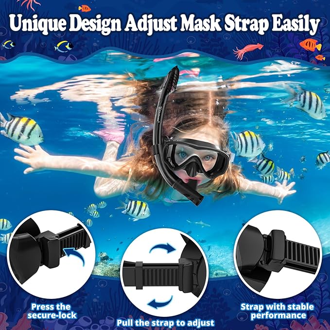 U PHITNIS Kids Snorkel Set for Age 4-14 - Dry Top Snorkeling Gear for Kids Junior & Youth - Childs Diving Mask with Big Eyes for Boys Girls - Anti-Fog Snorkeling Mask and Snorkel Set