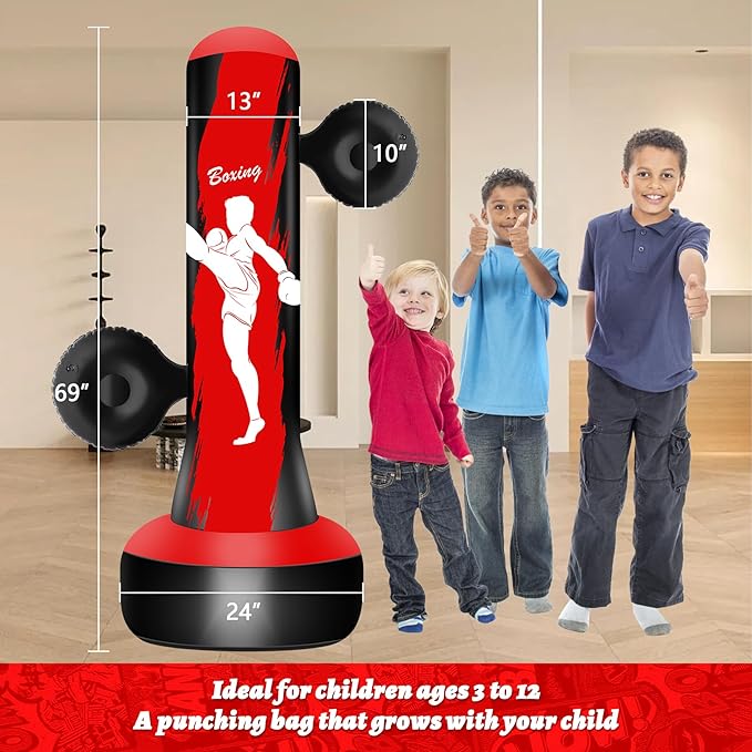 Punching Bag for Kids Teens Boys Girls, 69" Kids Punching Bag with Focus Pads & Gloves, Boxing Bag, Inflatable for Boys Girls Age 3-6-9-12-18 Christmas Birthday Toys