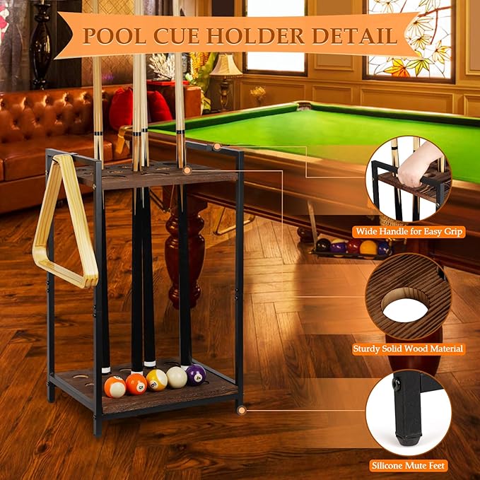 Pool Stick Holder Pool Cue Holder Rack Cue Stick Holder 10 Cues Billiard Cue Racks for Billiard Room Club Pool Table Accessaries (Torched Black 10-Hole)