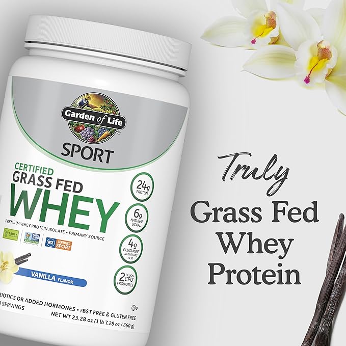 Garden of Life SPORT Whey Protein Powder Vanilla, Premium Grass Fed Whey Protein Isolate plus Probiotics for Immune System Health, 24g Protein, Non GMO, Gluten Free, Cold Processed - 20 Servings