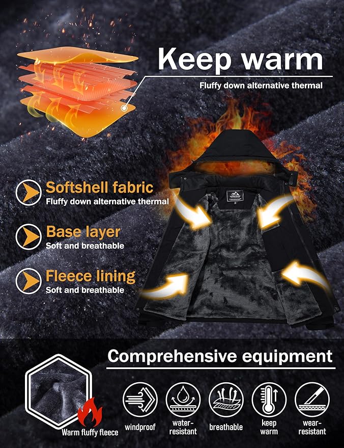 MAGCOMSEN Men's Winter Coats Water Resistant Ski Snow Jacket Warm Fleece Jacket Parka Raincoats With Multi-Pockets