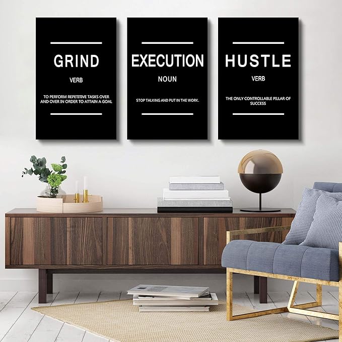 Framed Canvas Wall Art Success Quote, Office Wall Art, Black Large Poster, Positive Motivational Set of 3 Prints, Execute Failure Definition, Inspirational Print (B-3pcs,20x30inchx3pcs)
