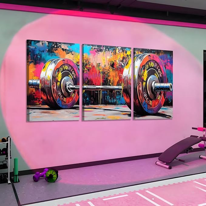 sawjug Gym Barbell Wall Decor, Colorful Graffiti Canvas Wall Art, Gym Motivational Wall Art, Colorful Pictures Wall Decor, Wall Painting for Living Room, Bedroom (16" x 24" x 3 pcs)
