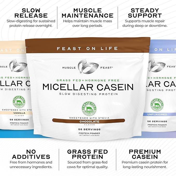 Muscle Feast Grass Fed Micellar Casein Protein Powder, Pasture Raised & Hormone Free, Slow Digesting Casein Protein - Supports Overnight Muscle Recovery, Gluten Free Protein Powder - Unflavored, 2lb