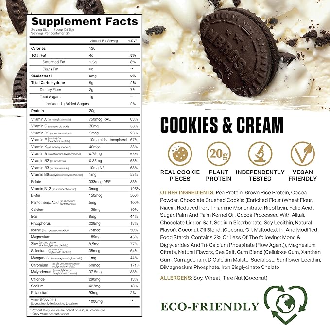 Ambrosia Planta - Premium Organic Plant-Based Protein | Vegan & Keto Friendly | Gourmet Flavors with No Bloating or Stomach Upset | Gluten & Soy Free | No Added Sugar | 25 Servings | Cookies Cream