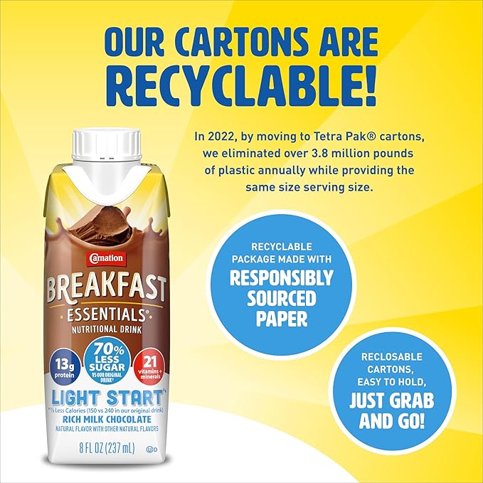 Carnation Breakfast Essentials Light Start Nutritional Drink, 13g Protein Ready-to-Drink, 70% Less Sugar, Immune Support, Vitamins, Gluten Free, Chocolate, 8 FL OZ Carton (24 Pack)