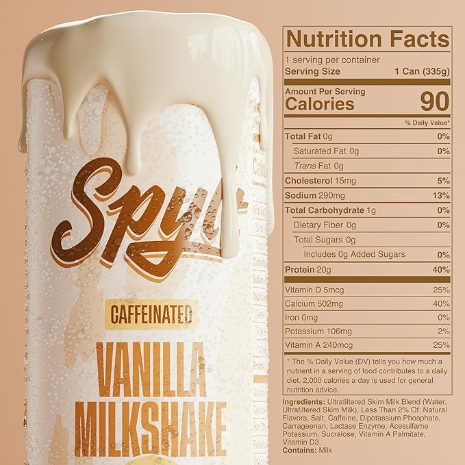 High Protein Vanilla Milkshake with 60mg Caffeine & 20g Protein - 90 Calories, Ready to Drink, Sugar Free, Lactose Free Milk, Perfect for Workout Recovery & Afternoon Pick Me Up - 12 Count