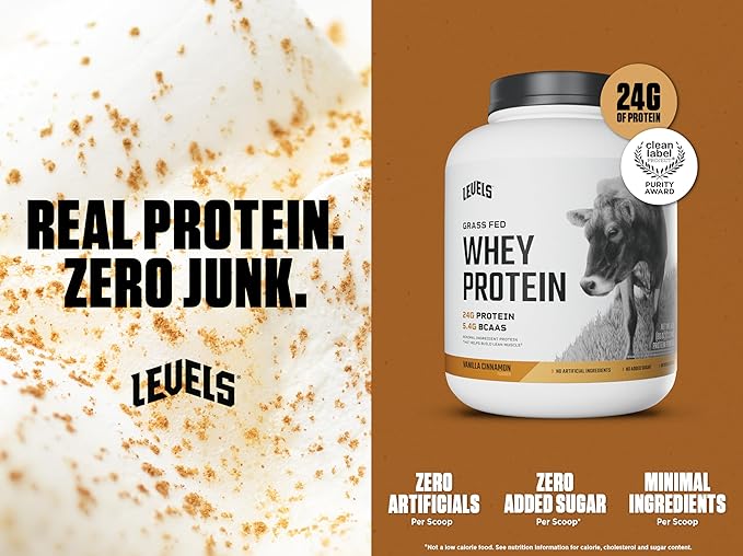 Levels Grass Fed Whey Protein Powder, No Artificials, 24G of Protein, Vanilla Cinnamon, 5LB