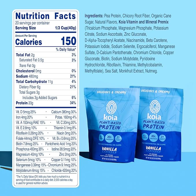 Koia Plant Based Protein Powder, Vanilla, 20g Protein, 3g Sugar, 6g Prebiotic Fiber, Pre & Post Workout, 21 Vitamins & Minerals, No Seed Oils, Dairy-Free, Gluten-Free, Non-GMO, 20 Servings, 28.2 Oz