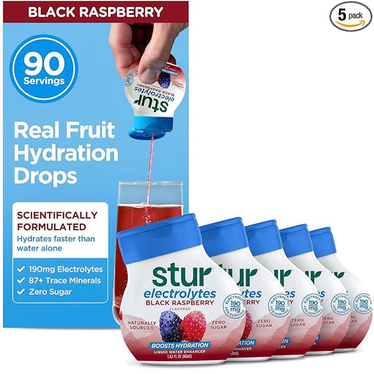 Stur Electrolyte Water Enhancer | Sweetened with Stevia | High in Vitamin C & Antioxidants | Sugar Free | Zero Calories | Keto | Vegan | 5 Bottles, Makes 90 Drinks (Black Raspberry)