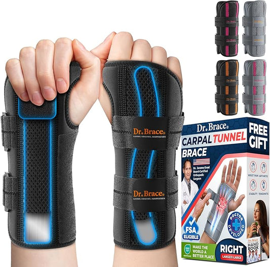 DR. BRACE Adjustable Wrist Brace Night Support for Carpal Tunnel, FSA & HSA Eligible, Doctor Developed, Upgraded with Double Splint & Therapeutic Cushion, Hand Brace For Pain Relief, Injuries, Sprains