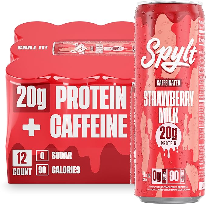High Protein Strawberry Milk with 60mg Caffeine & 20g Protein - 90 Calories, Ready to Drink, Sugar Free, Lactose Free Milk, Perfect for Workout Recovery & Afternoon Pick Me Up - 12 Count