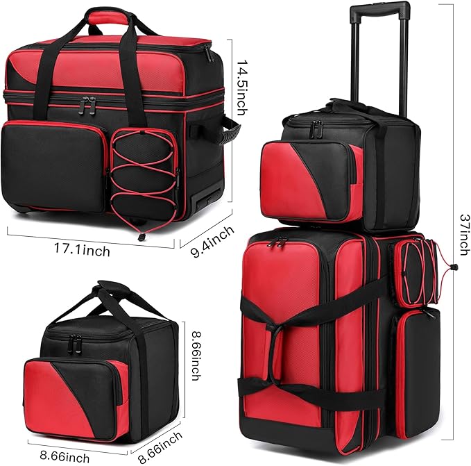 3 Ball Bowling Bag with Wheels, Bowling Bag 3 Ball Roller with Separate Shoe Compartment and Accessory Pocket, 2 Ball Roller Bag Plus Single Ball Tote