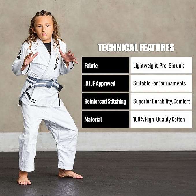 Elite Sports Kids Brazilian Jiu Jitsu Belts Preshurunk Martial Arts Youth BJJ Belts for Girls & Boys with BJJ Ranking Stripes