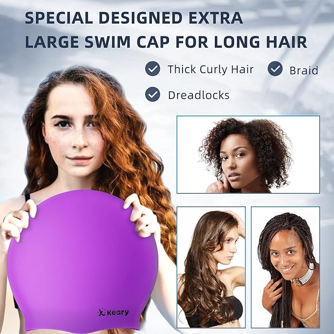 Keary Extra Large Swim Cap for Braids and Dreadlocks Extensions Weaves Long Hair, Waterproof Silicone Cover Ear Bath Pool Shower Swimming Cap for Adult Youth to Keep Hair Dry, Easy to Put On and Off