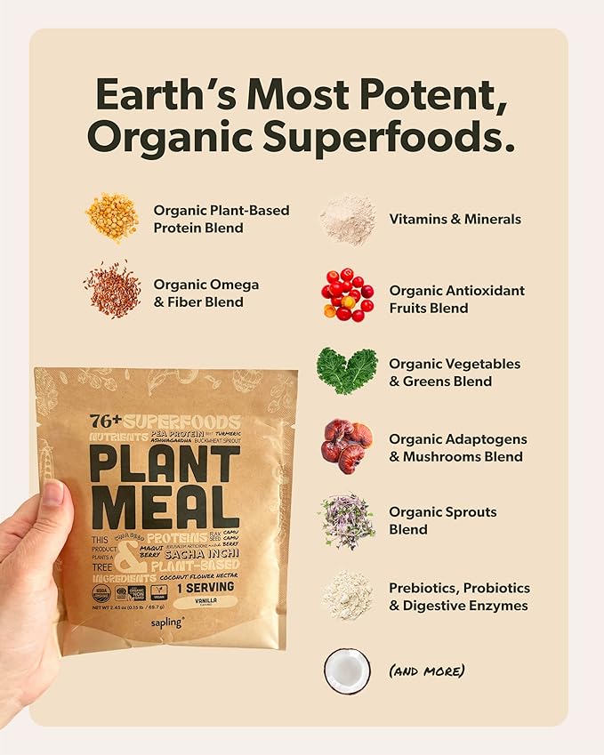 Plant Meal Replacement Shake - Vanilla - 25g of Plant Based Vegan Protein Powder, 76+ Organic Superfoods, Vitamins & Minerals, Mushrooms, Super Greens, Digestive Enzymes & Probiotics - 1 Serving