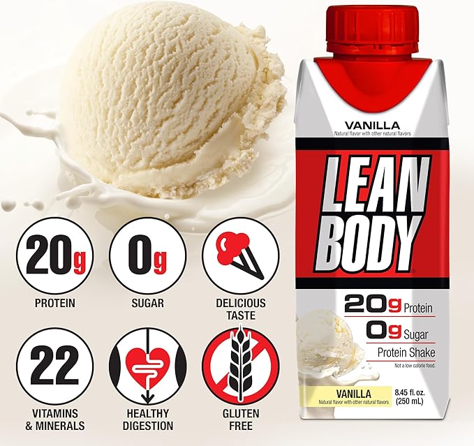 Lean Body Ready-to-Drink Vanilla Protein Shake, 20g Protein, Whey Blend, 0 Sugar, Gluten Free, 22 Vitamins & Minerals, (Recyclable Carton & Lid - Pack of 4)