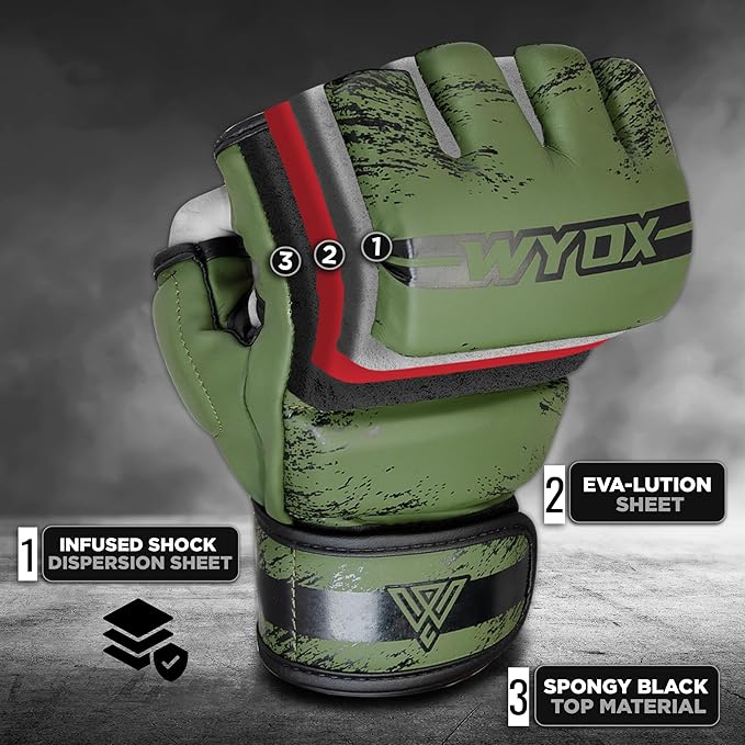 WYOX MMA Gloves for Men & Women – Grappling & Sparring Boxing Gloves with Open Palm Design, Padded Fingerless Training Gloves for Kickboxing, Muay Thai, Youth & Heavy Bag Workouts