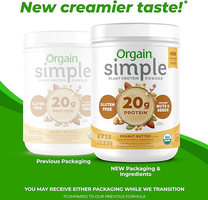 Orgain Organic Simple Vegan Protein Powder, Peanut Butter - 20g Plant Based Protein, With less Ingredients, No Artificial Sweeteners, Gluten Free, No Dairy or Lactose, 1.25 lb (Packaging May Vary)