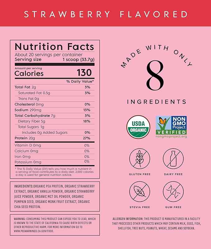 Truvani Vegan Pea Protein Powder | Strawberry | 20g Organic Plant Based Protein | 20 Servings | Keto | Gluten & Dairy Free | Low Carb | No Added Sugar