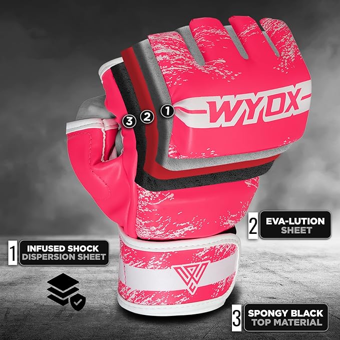 WYOX MMA Gloves for Men & Women – Grappling & Sparring Boxing Gloves with Open Palm Design, Padded Fingerless Training Gloves for Kickboxing, Muay Thai, Youth & Heavy Bag Workouts