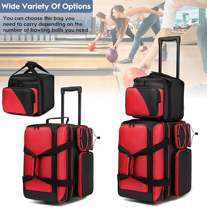 3 Ball Bowling Bag with Wheels, Bowling Bag 3 Ball Roller with Separate Shoe Compartment and Accessory Pocket, 2 Ball Roller Bag Plus Single Ball Tote