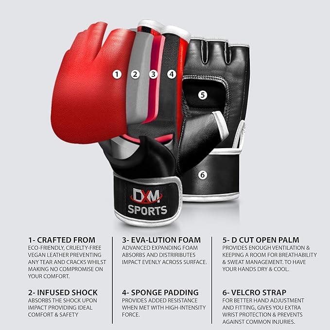 DXM SPORTS MMA Gloves for Men & Women, Martial Arts Bag Gloves, Kickboxing Gloves with Open Palms, Boxing Gloves for Punching Bag, Sparring, Muay Thai, MMA
