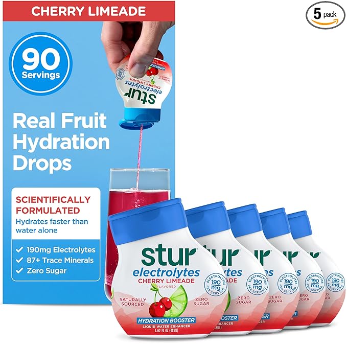 Stur Electrolyte Water Enhancer | Sweetened with Stevia | High in Vitamin C & Antioxidants | Sugar Free | Zero Calories | Keto | Vegan | 5 Bottles, Makes 90 Drinks (Cherry Limeade)