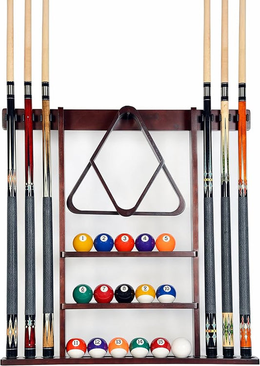 Iszy Billiards Pool Cue Rack - Billiard Pool Stick and Ball Holder Only - 100% Wood Wall Mount Holds 6 Cues and 16 Balls - Pool Table Accessories, Mahogany